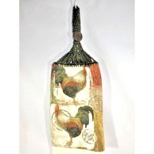Rooster Chicken Crochet Hanging Double Kitchen Towel Dark Green Yarn Button NEW